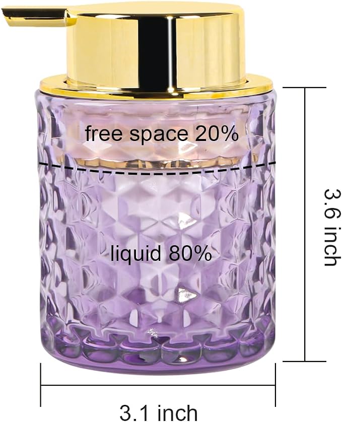 10 Oz Glass Hand Soap Dispenser with Pump, Refillable Bathroom Gold Foaming Soap Dispenser, Vintage Glass Diamond Lotion Container Bottle for Bathroom and Kitchen (1, Purple and Gold)