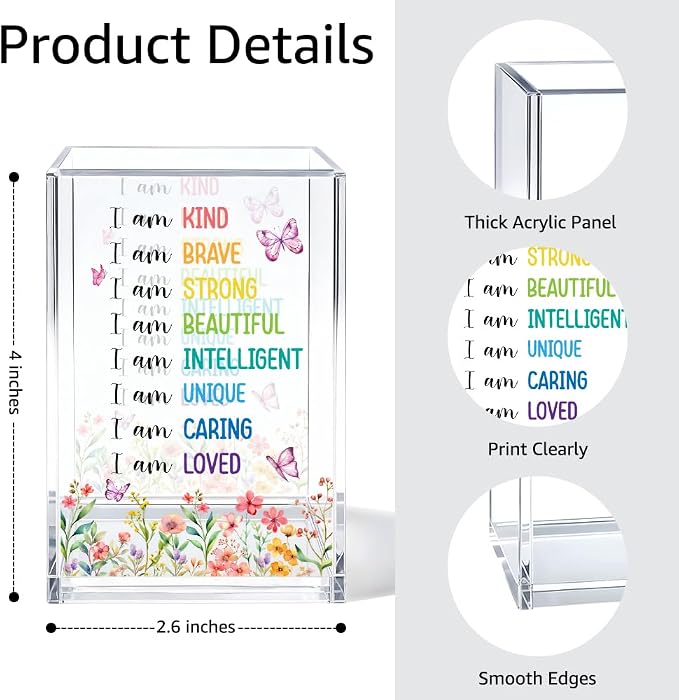 I Am Kind Acrylic Cosmetic Organizer Pen Holder, Inspirational Acrylic Desk Holder Cup for Pen Pencil, Affirmations Desk Organizer for Daughter, Mental Health Gifts for Women Office Worker