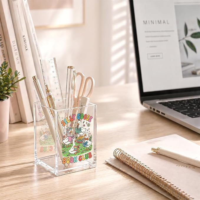 Funny Silly Goose Book Club Acrylic Pencil Holder Cup | Goose Bookmark Holder for Reader Bookish Bookworm Librarian Book Club, Desk Organizer Gifts for Teacher Geese Book Lover