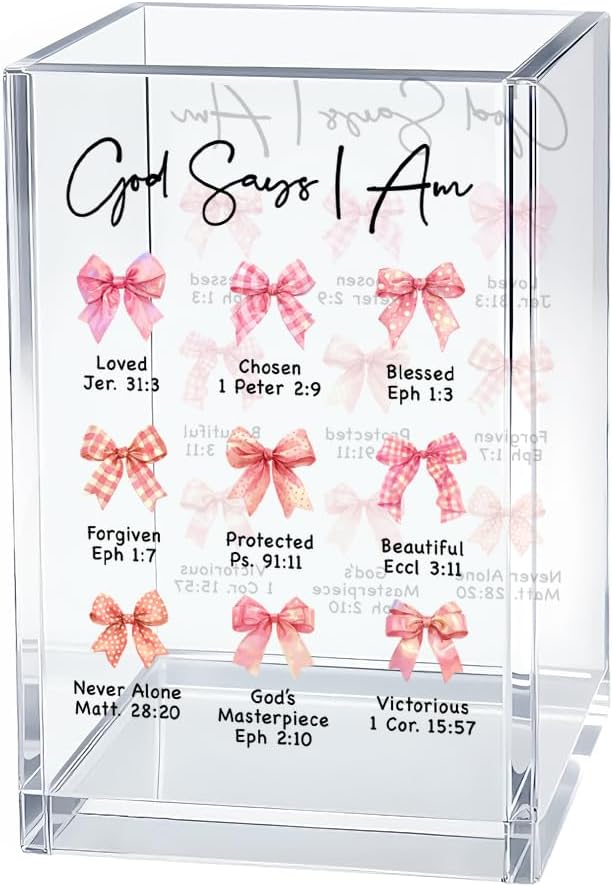 God Says Acrylic Cosmetic Organizer Pen Holder, Christian Acrylic Desk Holder Cup for Pen Pencil, Religious Gifts for Women Coworker Female Leader, Inspirational Office Gifts for Religious Lover