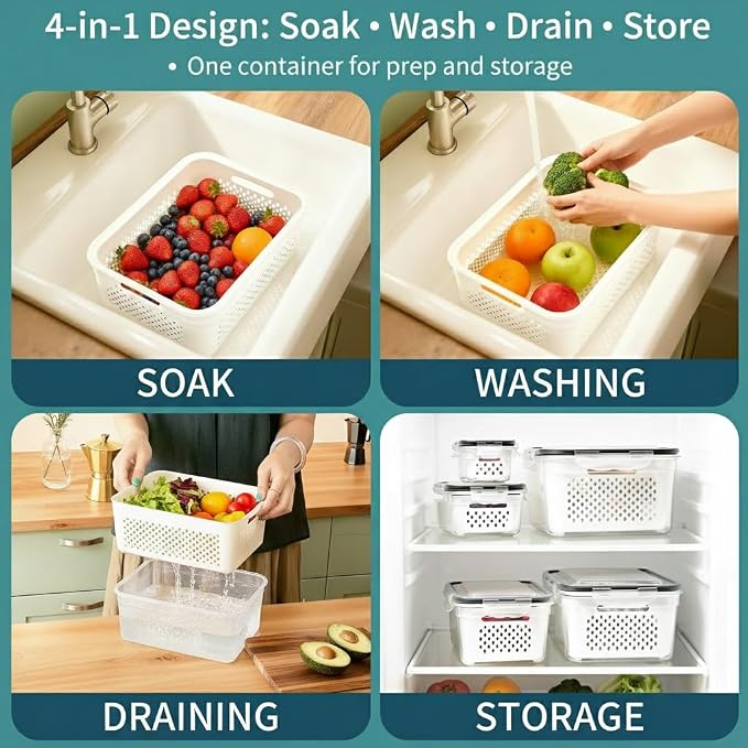 Fruit Storage Containers for Fridge 2 Pack, Fridge Organizers and Storage, Fruit and Vegetable Storage Produce Box with Drain Basket, Refrigerator Food Saver Set