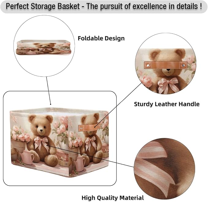 Rectangle Storage Baskets for Shelves, Bear And Roses Storage Cube Organizer Bins Collapsible Toy Basket for Nursery Home Room