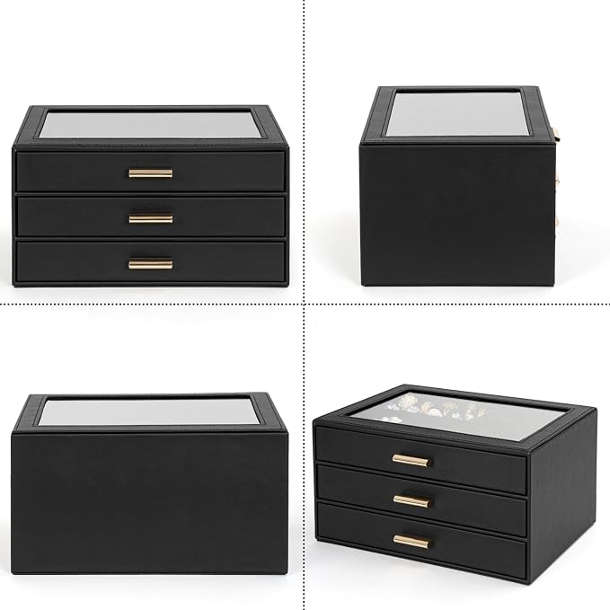 AKOZLIN Jewelry Box with Clear Lid Functional Leather Jewelry Storage Organizer Case 3 Drawers for Women Girls Necklace Ring Bracelet Earring
