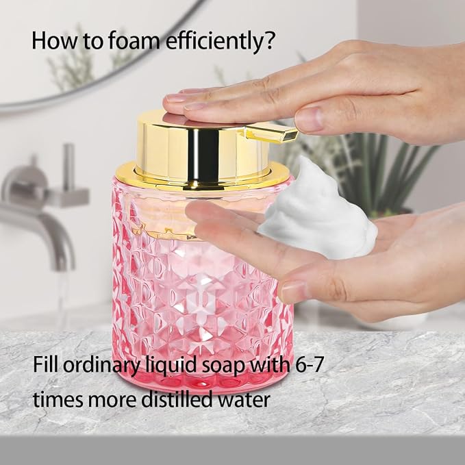 10 Oz Glass Hand Soap Dispenser with Pump, Refillable Bathroom Gold Foaming Soap Dispenser, Vintage Glass Diamond Lotion Container Bottle for Bathroom and Kitchen (1, Pink and Gold)