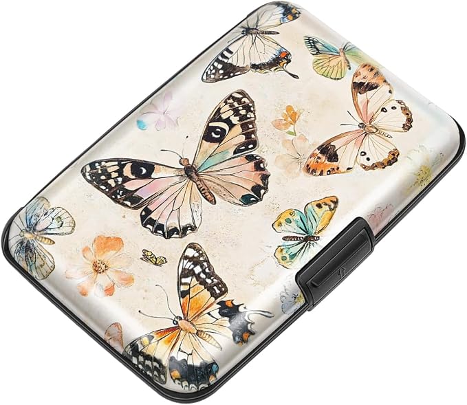 Coco Rossi Credit Card Holder RFID Aluminum Small Mini Wallet Women | Metal Wallet, Business Cards Holder, ID Case, Slim Sleeves, Womens Girls Gift, Carry Wallets for Travel, Flower Butterfly