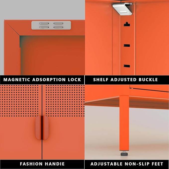 Washsemba 2 Door Accent Cabinet,Orange Metal Storage Cabinet with Adjustable Shelf,2-Tier Shelf,Multipurpose Metal Locker Storage for Office Home,Music Studio (Orange)