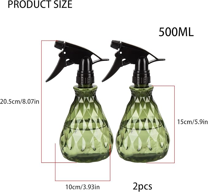 wugongshan 2 Pcs Spray Bottles, 500 ml/17 oz Empty Water Spray Bottles, Plastic Reusable Adjustable Mist Sprayer Squirt Bottles Containers Refillable for Cleaning Solutions, Gardening, Plants (Green)
