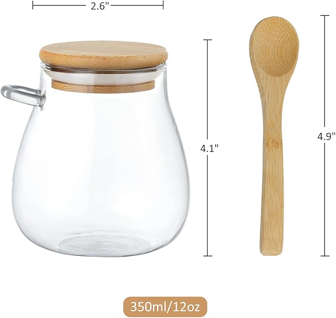 Joeyan Glass Jar with Airtight Bamboo Lid and Spoon Attached, 12 oz Salt Sugar Spice Seasoning Container, Clear Condiment Pot, Glass Food Storage Canister for Kitchen Countertop Pantry, Set of 2