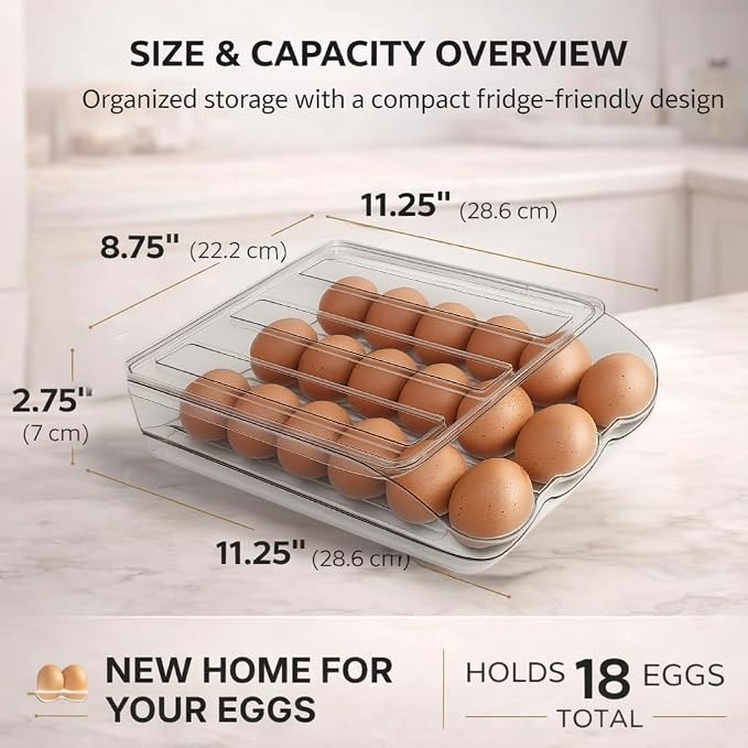 Egg Holder for Fridge with Rolling Auto Dispense, Egg Dispenser for Refrigerator, Stackable Egg Organizer for Refrigerator, Holds 18 Eggs, Clear Space Saving Storage Container for Kitchen Use