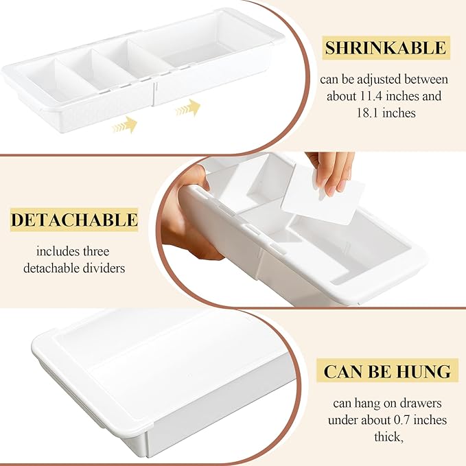 4 Pcs Expandable Drawer Organizer Bins Adjustable Deep Drawer Hanging Organizer Tray Expandable 11.4 to 18.1 Inches Plastic Dividers Storage for Office Bathroom Bedroom Kitchen Desk, White