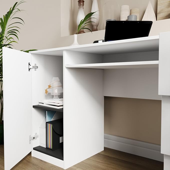 Modern Computer Desk with 3 Drawers & Storage Cabinet – Small Office Desk with Slide-Out Keyboard Tray – Professional Home Office Desk & Small Work Desk for Writing (Modern White)