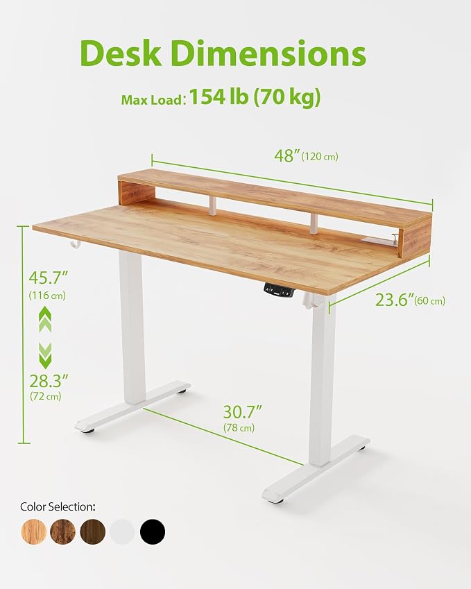Agilestic 48x24 Inch Electric Standing Desk with Shelf, Height Adjustable Desk with Power Outlets & LED, Sit Stand Up Table with Monitor Stand, Computer Workstation, Light Rustic Brown