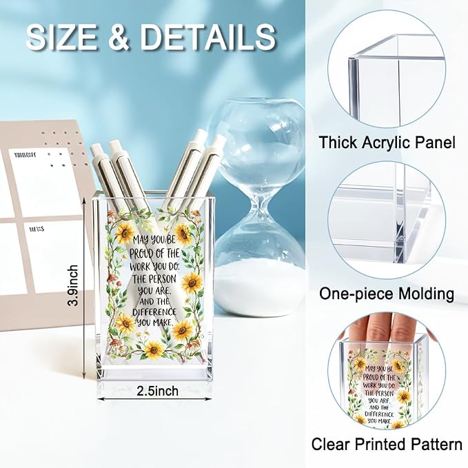 May You Be Proud Of The Work You Do Acrylic Pencil Holder Cup Gifts | Appreciation Sunflower Pen Holder for Coworker Girls, Farewell Retirement Goodbye Gifts for Women, Makeup Brushes Organizer