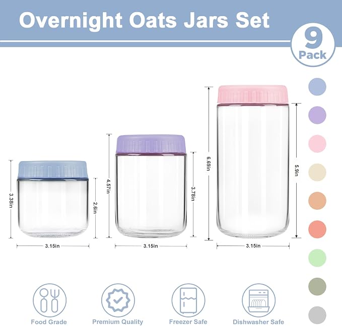 Overnight Oats Containers with Lids, 10 & 16 & 24 oz Wide Mouth Mason Jars with Lids, 9 Pack Glass Jars with Airtight lid for Chia Pudding Yogurt Salad, Meal Prer Oatmeal Jars