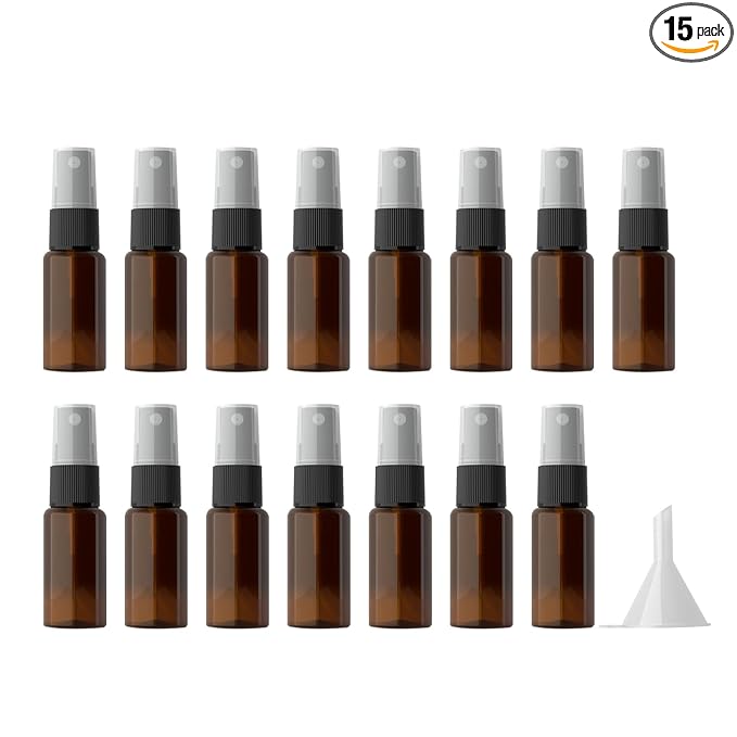 longway 15 PCS Spray Bottles, 0.5oz/15ml Amber Empty Fine Mist Spray Bottle Dispenser with Cap, Small Refillable Liquid Containers with 1pcs Funnel and 18pcs Labels
