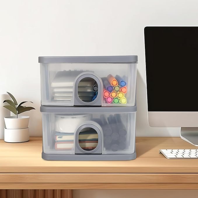 3-Drawer Clear Plastic Desk Organizer Small Stacking Storage Drawer | Organize Office Supplies, Stationery, Makeup, Craft materials, Accessories for Neat Desktop Storage (White)