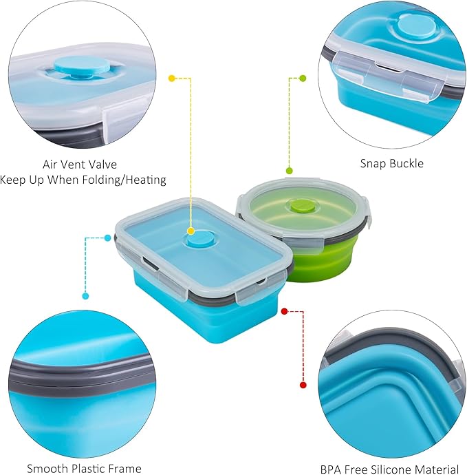 Collapsible Food Storage Containers with Lid & Air Vent, 16 Pack, 8 Rectangular + 8 Round, Annaklin Foldable Silicone Lunch Containers Collapsible Bowls Set, Microwave Freezer Dishwasher Safe, 4-Color