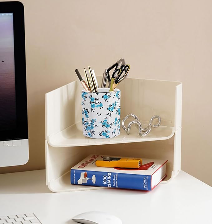 Pen Holder, Makeup Brush Holder Ceramic Shiny Gold Spring Floral Pattern Pencil Cup for Girls Kids Women Durable Stand Desk Organizer Storage Gift for Office, Classroom, Home (Teal Blue)