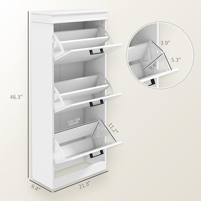 HOMCOM Shoe Storage Cabinet with 3 Flip Drawers, Narrow Shoe Cabinet, White | Freestanding, Adjustable Shelves, Slim Hidden Rack Organizer, Entryway, Hallway