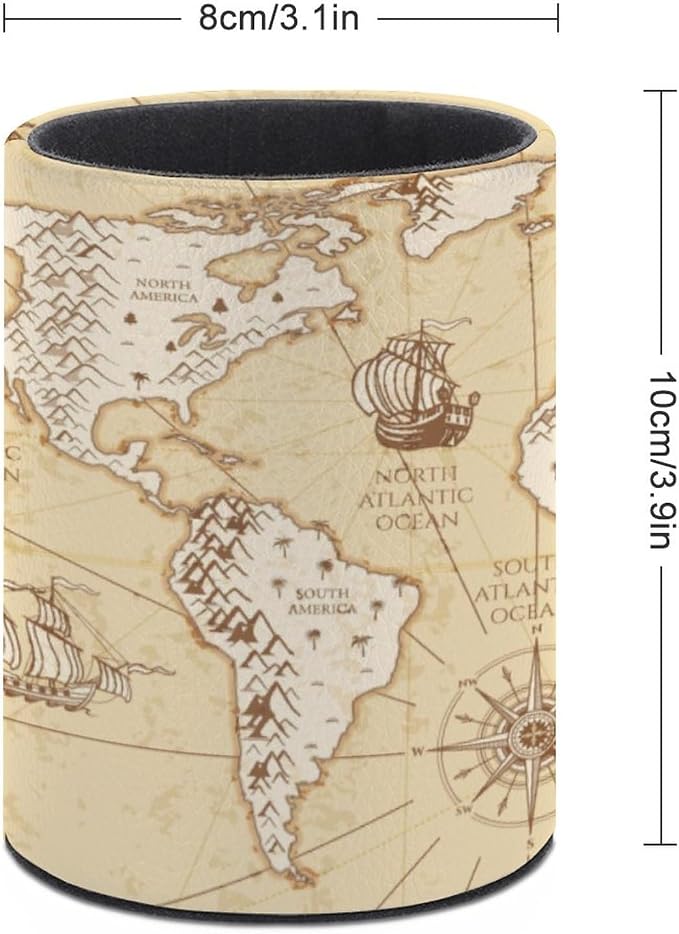 Vintage World Map Pen Holder Pencil Cup for Desk Organizer | Cute Makeup Brush Holder PU Multifunctional Office Suppliesfor Decor Home Classroom School