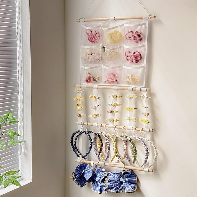 Headband Holder Hair Bows Organizer for Girls, Large Capacity Bow Holder, Pre-Assembled Hair Accessories Wall Hanging Organizer for Toddler Baby Girl Nursery Room Décor