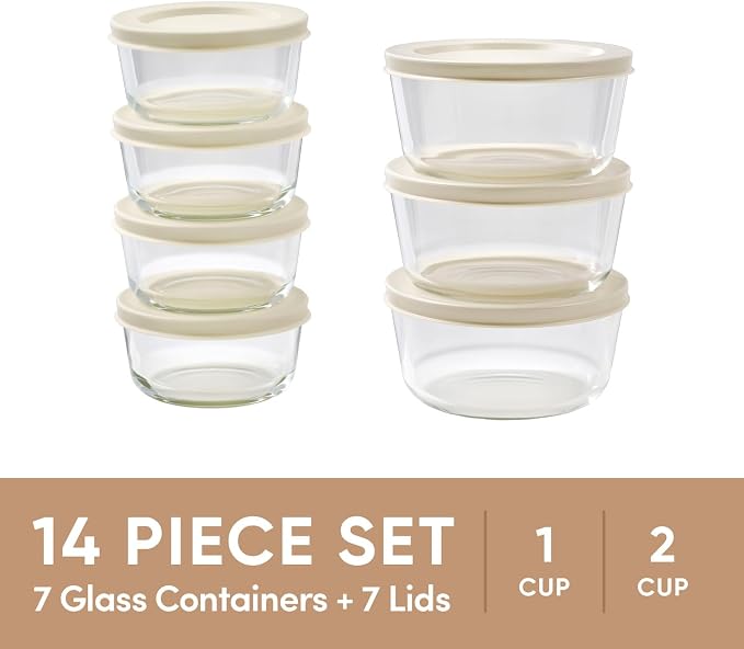 14-Piece Glass Food Storage Containers Set (7 Containers + 7 BPA-Free Lids) | 1-Cup & 2-Cup, Leakproof | Microwave, Freezer, Oven & Dishwasher Safe | Ideal for Meal Prep & Pantry Organization, Beige
