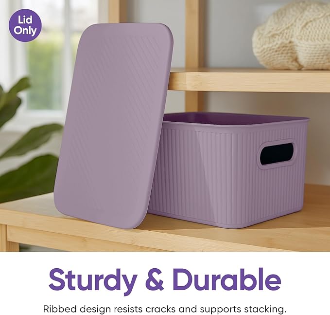 Superio Ribbed Collection - Decorative Plastic Basket Open Home Storage Bins Organizer, Lilac (Parent) Container Boxes for Organizing Closet Storage Bins for Shelves (Lid - Medium (5 Liter), 2 Pack)