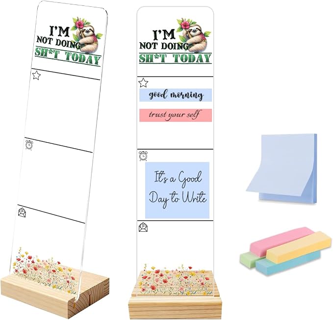 Sticky Note Holder, Monitor Memo Board, Acrylic Post It Note Holder with Wooden Base, Includes 200 Notes, Desk Organizer, Funny Sloth Quote “I’m Not Doing Sh*t Today”