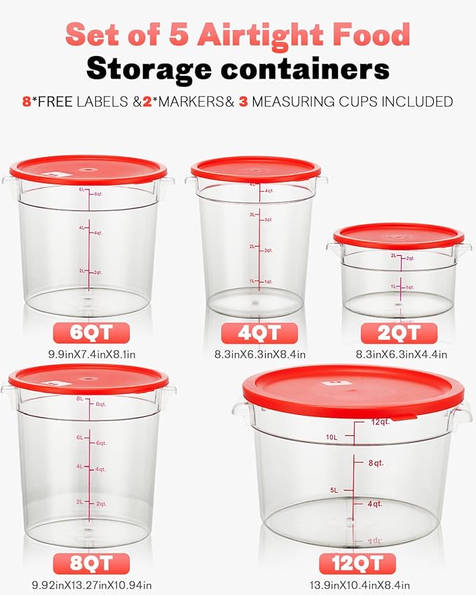 2QT NSF Food Storage Containers: 8 PCS [Food Grade][Hot&Cold Resistant] Commercial Clear Round Food Storage Containers with Scales Handles for Home Restaurant Kitchen Proof Dough(BPA FREE)