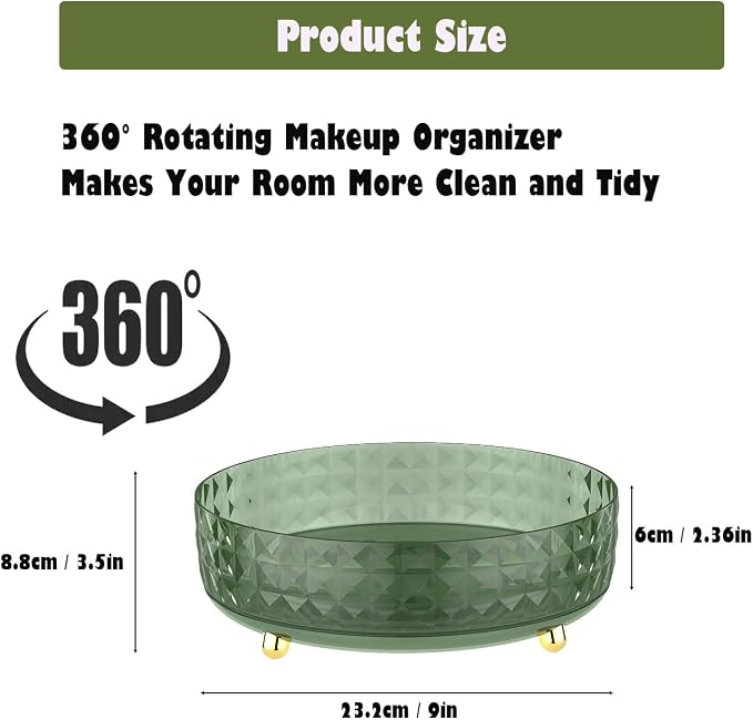 Makeup Perfume Organizer, 9 Inch /23cm 360 Degree Rotating Skincare Organizer, Cosmetics Organizer for Dresser Bathroom Bedroom Countertop Kitchen Pantry Cabinet Vanity Tray Refrigerator, Dark Green