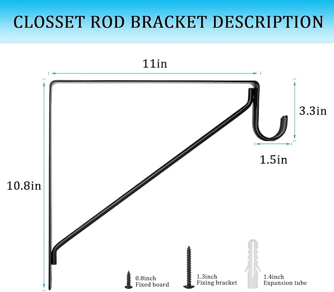 6 PCS Heavy Duty Closet Rod Bracket, 11 x 11 Inch Closet Shelf Brackets,Supports 300 lbs,Wall Mount Closet Rod Supports Bracket Hook with Screws, Closet Rod Holders for Home and Closet Decor(Black)