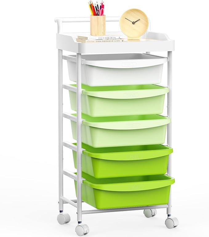 Five Drawer Rolling Cart, Craft Organizers and Storage for Home Office Classroom, Plastic Drawer Storage With Handle, Utility Cart With Removable Drawers for Tools, Toys and craft materials(Green)