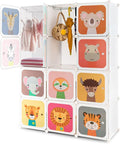 Costzon Kids Closet, Cartoon DIY Modular Dresser Storage Organizer with 12 Cubes & 2 Clothes Hanging Rack, Portable Armoire for Baby Toddlers, Kids Wardrobe for Bedroom Nursery (White)