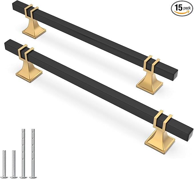 15 Pack 6-1/4 Inch Cabinet Handles Black and Gold Cabinet Pulls Kitchen Cabinet Handles, Black Dresser Drawer Pulls Kitchen Cabinet Hardware