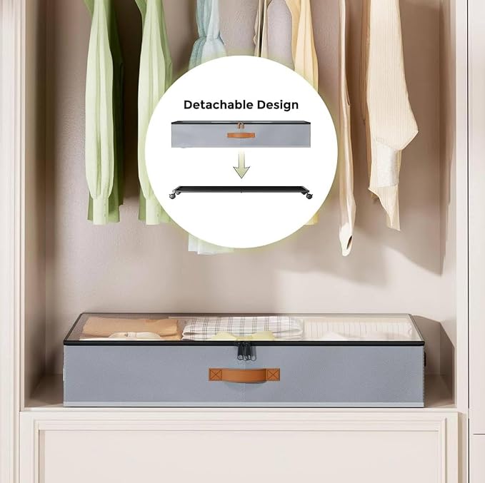 Under Bed Storage with Wheels 2 Pack, Rolling Under-Bed Metal Drawer, Low-Profile Organizer Bin for Clothes, Shoes & Blankets
