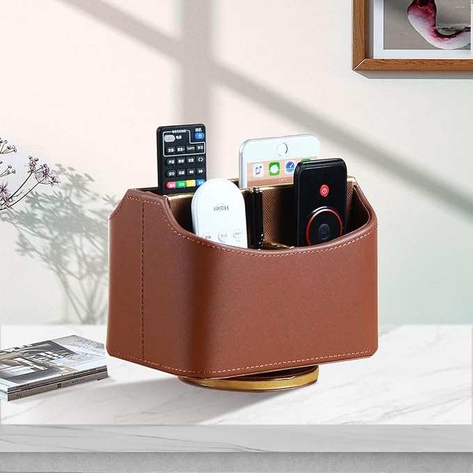 Remote Control Holder, Swivel Desk Organizer and Accessories Decorations for Living Room, PU Leather Room Decor Aesthtic, Bedside Table Organizer Remotes Caddy for TV Controllers/ Stationery