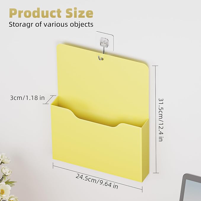 Marbrasse Magnetic File Holder - Magnetic Paper Holder, Pocket Organizer Office Supplies Storage Mail Organizer for Notebooks,Planners,Letter (Yellow