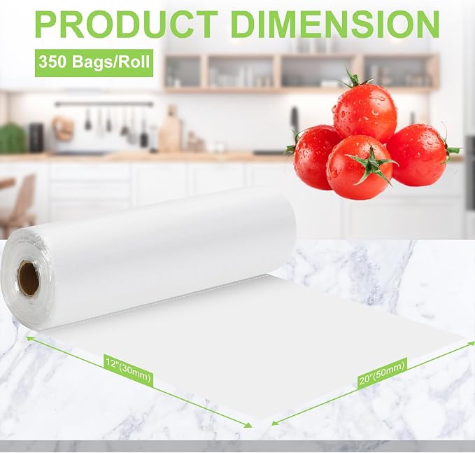 Plastic Produce Bag 12" X 20", Clear Food Storage Bags for Food, Fruit, Vegetable, Refrigerator Storage, Kitchen,350 Bags/Roll (4 Rolls)