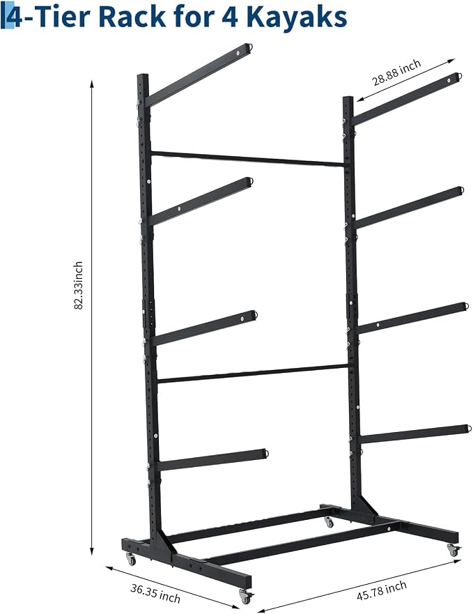 Freestanding Kayak Storage Rack with Wheels, Adjustable Kayak Racks for Garage and Outdoor, Heavy Duty Kayak Stands for Canoes, Kayaks, SUP and Surfboards