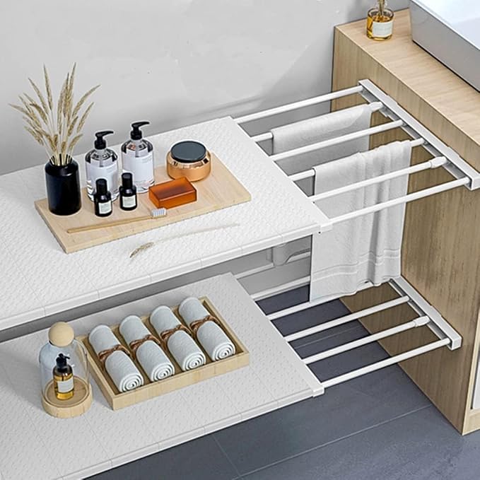 Expandable Closet Shelf Dividers Adjustable Cabinet Storage Rack Hanger Wardrobe Organizer Tension Rod Separators for Bedroom Bathroom Kitchen Bookshelf (Width 9.45 in, Length 15-21.7 in)