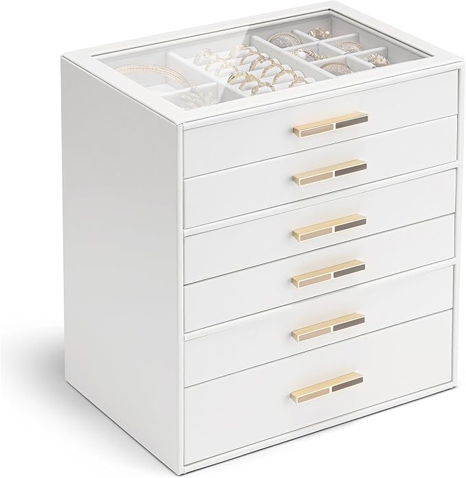 VLANDO 6-Drawer Jewelry Box with Glass Lid, Faux Leather Organizer for Rings Earrings Necklaces and More, Gift-Ready Jewelry Case for Women Girls or Moms, White