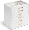 VLANDO 6-Drawer Jewelry Box with Glass Lid, Faux Leather Organizer for Rings Earrings Necklaces and More, Gift-Ready Jewelry Case for Women Girls or Moms, White