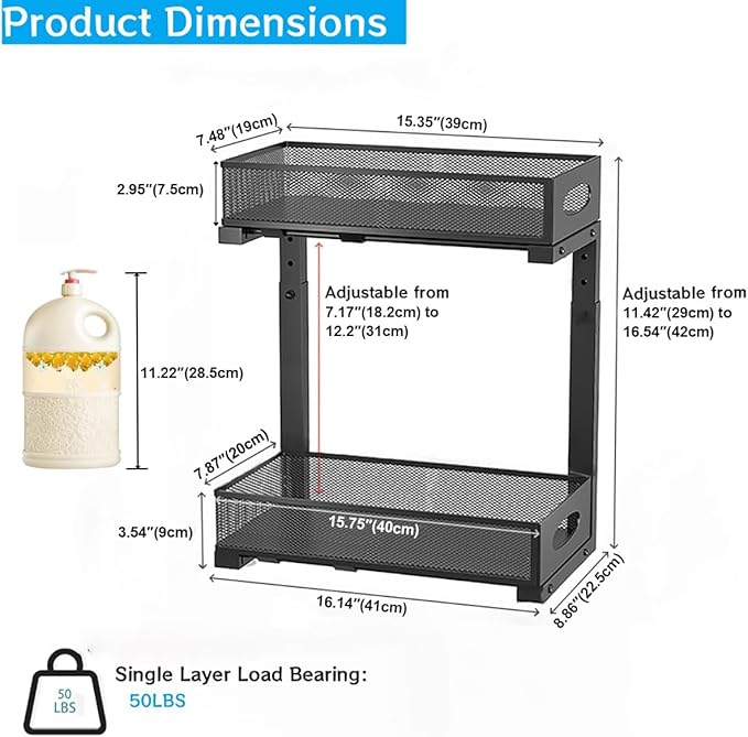 2 Pack Under Sink Organizer and Storage, 2 Tier Pull Out Sliding Cabinet Shelf, 5-Level Height Adjustable Thickened Carbon Steel Storage Rack for Kitchen Bathroom Cabinet, Black