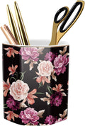 Pen Holder, Pencil Holder for Desk Floral Pattern Pencil Cup for Girls Kids Durable Ceramic Desk Organizer Makeup Brush Holder for Office, Classroom, Home, Black Flower