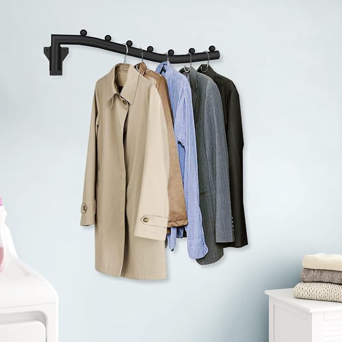 Folding Clothes Hanger Rack Swing Arm Hook Holder Clothing Hanging Garment Drying Closet Rod Storage Organizer Wall Mount Space Saving for Closet Organizer, Bathroom, Bedroom, Laundry Room Black