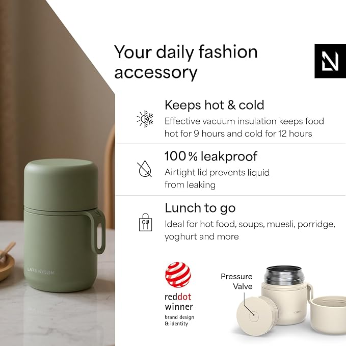 LARS NYSØM Stainless Steel Vacuum Insulated Food Jar - Leakproof Lunch Pot & Lunch Jar for Hot and Cold Food, Wide Mouth, Portable Soup Container for Work & Travel (Cream Beige, 12oz)