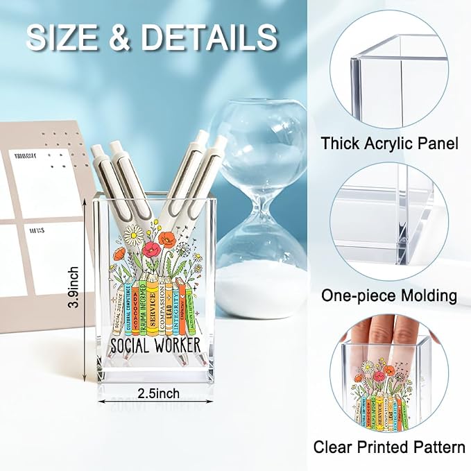 Social Worker Acrylic Cosmetic Pencil Holder Cup, Floral Books Pen Holder for Office Desk Accessories for Social Worker, Social Work Appreciation Gifts, Marker Holder, Funny MSW Thank You Gifts