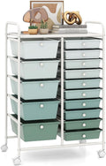 RELAX4LIFE 15-Drawer Storage Drawer Carts - Mobile Rolling Utility Cart | 34.5"H White Metal Frame, Gradient Green Drawers, Rolling Wheels; Classroom School Office Home Craft Utility Storage