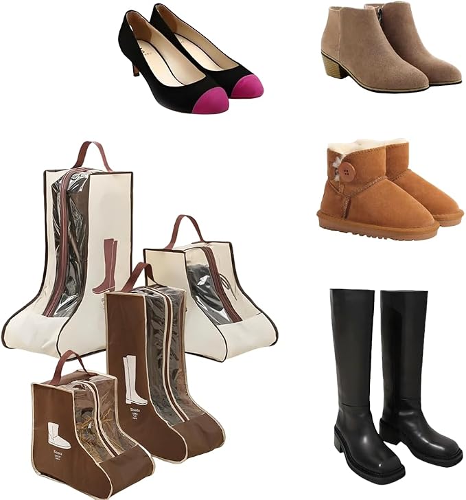 Rikyo 2 Set Brown Shoe Storage,Portable Tall Boots Storage&Protector Bag | Protector Bag,Shoe Dust Bags,Shoe Sleeves for Travel,Clear Window Boots Cover,Shoes Packing Organizers for Adult Sneakers