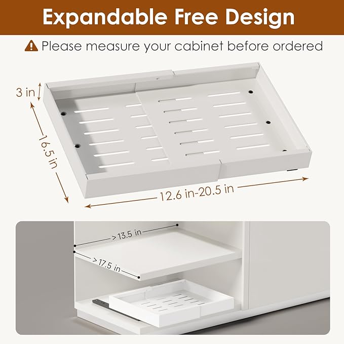 2 Pack Expandable Pull Out Cabinet Organizer 16.5" Deep, Adjustable Width 12.6"-20.5", No Drill Adhesive with Triple Track Rails, Heavy Duty Slide Out Drawers for Kitchen,Pantry,Cabinets,White